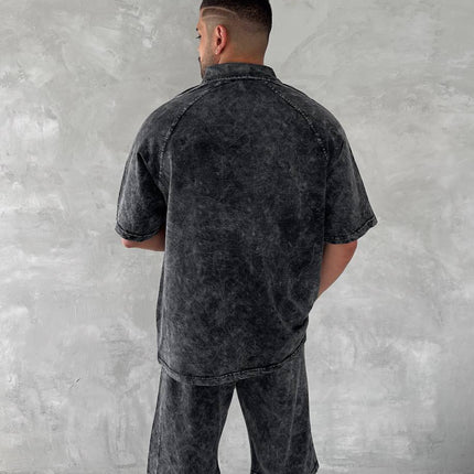 Washed Club Spirit Men's Polo & Shorts Set – Vintage Black & Gold Streetwear Style