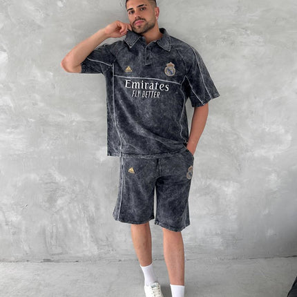 Washed Club Spirit Men's Polo & Shorts Set – Vintage Black & Gold Streetwear Style