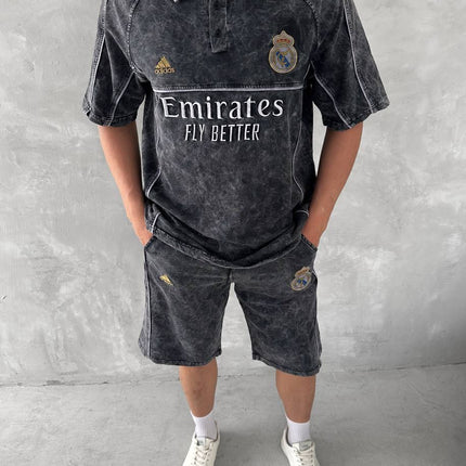 Washed Club Spirit Men's Polo & Shorts Set – Vintage Black & Gold Streetwear Style