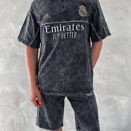 Washed Club Spirit Men's Polo & Shorts Set – Vintage Black & Gold Streetwear Style
