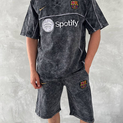 Washed Spirit Men's Polo & Shorts Set – Retro Grey Clubwear with Contrast Stitching