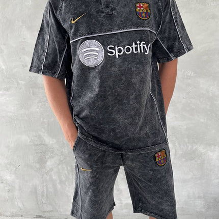 Washed Spirit Men's Polo & Shorts Set – Retro Grey Clubwear with Contrast Stitching