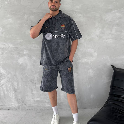 Washed Spirit Men's Polo & Shorts Set – Retro Grey Clubwear with Contrast Stitching