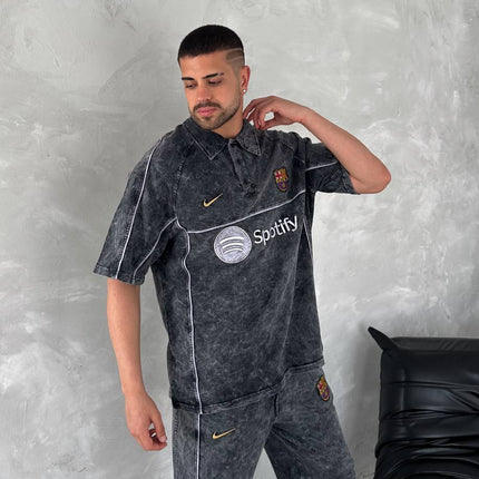 Washed Spirit Men's Polo & Shorts Set – Retro Grey Clubwear with Contrast Stitching