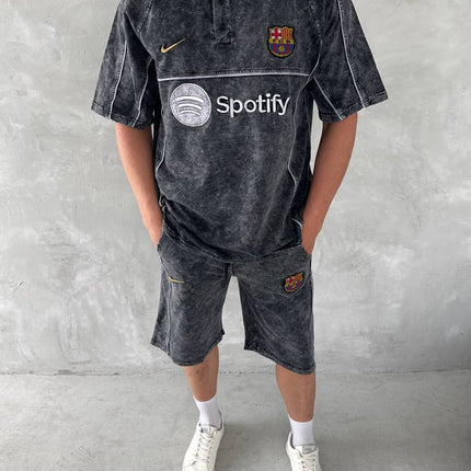 Washed Spirit Men's Polo & Shorts Set – Retro Grey Clubwear with Contrast Stitching