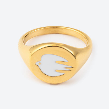 White Enamel Gold Dove Ring